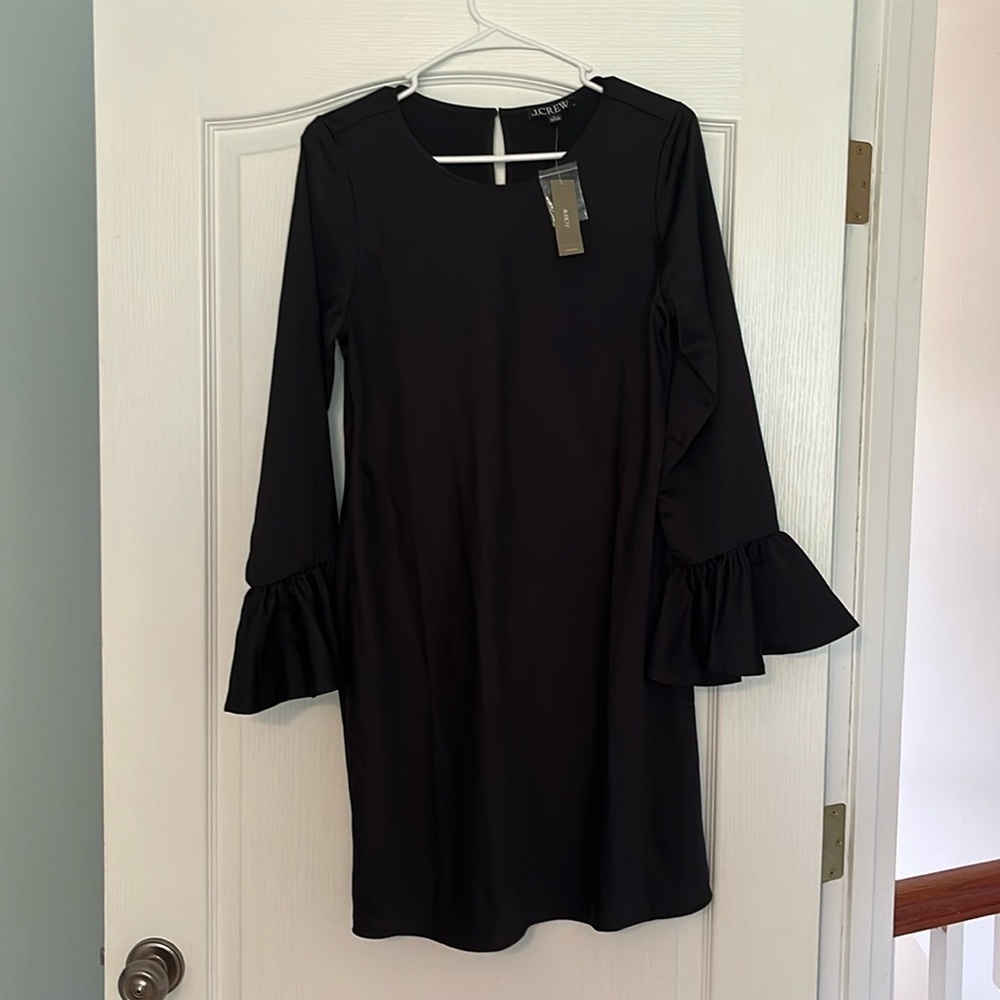 J. Crew Black Ruffled Sheath Dress with Bell Sleeves